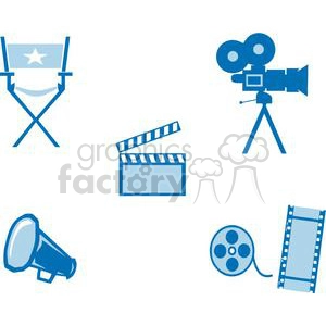 This clipart image depicts various filmmaking elements including a director's chair, a movie clapperboard, a film reel, a megaphone, and a vintage film camera.