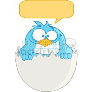 A cheerful blue cartoon bird hatching from an egg with a speech bubble above its head.