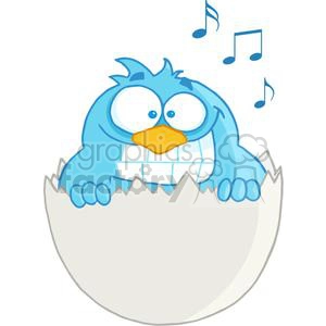 A cute blue cartoon bird with a yellow beak is emerging from a cracked eggshell and has musical notes above its head.