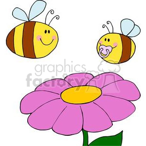 Cute clipart image of two smiling bees near a large pink flower with a yellow center. One bee is larger while the other smaller bee has a pacifier.