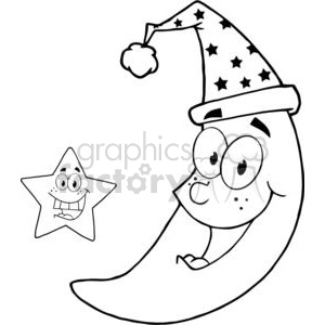 A whimsical clipart image featuring a smiling crescent moon wearing a starry wizard hat and an animated, cheerful star with a big grin.