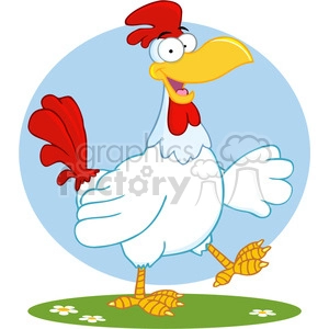 This clipart image depicts a comical, anthropomorphized white chicken with a large, exaggerated beak and a humorous expression on its face. The chicken has a bright red comb and wattles, wide eyes, and is standing on a patch of green grass with a few white flowers. It has yellow legs and feet, and it is striking a playful pose with its wings and one leg lifted as if dancing or gesturing.