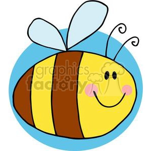 A cute, smiling cartoon bee with yellow and brown stripes, blue wings, and a blue background.