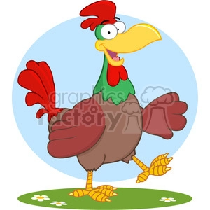 The clipart image depicts a cartoon chicken standing on a patch of grass with flowers. This chicken appears comical, with oversized features such as a large beak, wide eyes, a prominent red comb and wattle, and a humorous expression. It is striking a funny and playful pose, which adds a whimsical element to the image.