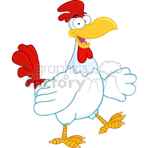 The clipart image features a comical and funny depiction of a cartoon chicken. The chicken has a big, cheerful smile with an open beak, exaggerated large eyes with a single eyelash on each, and is adorned with a bright red comb atop its head and larger red wattles beneath its beak. Its body is mainly white, with light blue wing and tail feathers adding to the humorous character. The chicken is standing in an upright and slightly anthropomorphized pose on two large, striped yellow and orange feet, which contribute to its silly appearance.