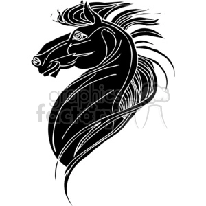 Stylized black and white clipart image of a horse's head with flowing mane