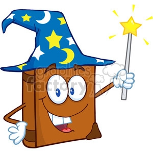 Cartoon image of a smiling, animated book wearing a blue wizard hat with stars and a moon, holding a magic wand.