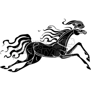 Black and white clipart image of a stylized galloping horse with flowing mane.