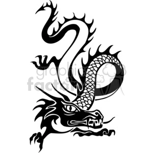 The image is a stylized black and white vector illustration of a Chinese dragon. The dragon is depicted with a detailed, serpentine body, scales, and stylized flames or smoke emanating from its body, which is a common characteristic in artistic renditions of Chinese dragons. It is designed in a way that is suitable for vinyl cutting or similar applications, often referred to as vinyl-ready in the graphic design industry.