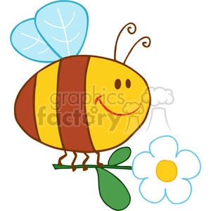 A cheerful cartoon bee with blue wings is perched on a green stem next to a white and yellow flower. The bee has a bright smile and exudes a friendly, happy appearance.