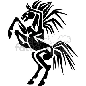 A black and white tribal-style illustration of a rearing horse with a stylized mane and tail.