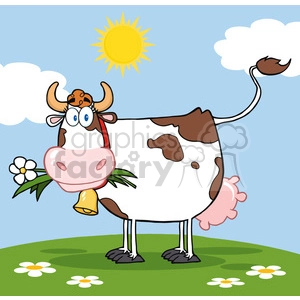 The image shows a whimsical, cartoon-style cow standing in a meadow. The cow is predominantly white with brown spots, and it has a cheerful expression on its face. It features big blue eyes, and is shown with a small yellow bell around its neck and a flower in its mouth. The cow's udder is visible and colored pink, and a little brown bird is perched atop its head. The background depicts a clear sky with one sun and a few clouds. The meadow includes some white flowers with yellow centers.