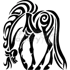 A tribal art style clipart image of a horse in black and white, composed of intricate swirling patterns and shapes.