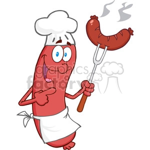 Happy-Sausage-Chef-Cartoon-Mascot-Character-With-Sausage-On-Fork