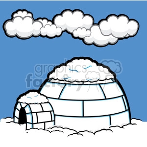 Cartoon clipart of two igloos covered in snow with clouds in the sky.