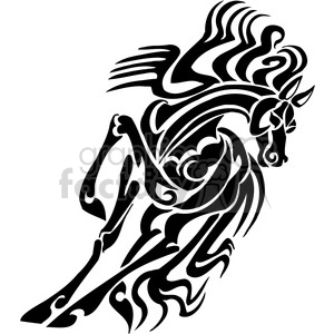 A stylized black and white tribal tattoo design featuring an abstract, majestic horse in motion with intricate swirls and flowing lines.