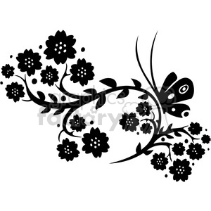 A black and white clipart image featuring a decorative floral design with multiple flowers and a butterfly. The flowers are simple silhouettes with rounded petals and small dots in the centers. The butterfly is integrated into the floral design with stylized wings containing patterns.