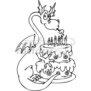Funny Dragon Blowing Birthday Cake Candles Line Art