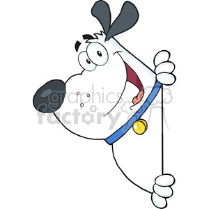 The clipart image depicts a humorous and exaggerated cartoon dog. The dog has a large, bulbous nose, big goofy eyes, a joyful expression with its tongue hanging out, and what appears to be one ear sticking up with its body not shown. The dog is peering around a corner with a large, surprised or excited grin. This comical canine is wearing a blue collar with a yellow tag, emphasizing its pet status. It seems to be peeking into the scene, conveying a sense of playful curiosity or surprise.