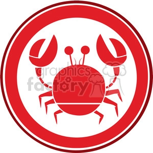 The image is a simple red-colored clipart of a crab. The crab is encircled by a thin red line creating a circular boundary around it. It features two prominent claws, a round body, six legs, and two stalked eyes.