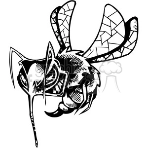 Black and white clipart image of an abstract, fierce-looking mosquito with intricate details and segmented wings.