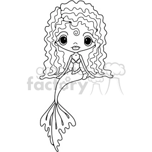 A black and white clipart image of a mermaid with long curly hair, big eyes, and a fish tail. The mermaid is sitting and looking forward with a gentle smile.