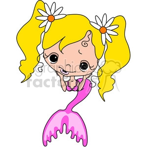 A whimsical clipart illustration of a cute mermaid with long yellow hair styled in pigtails, adorned with white flowers. She has a pink mermaid tail and a shy expression on her face.