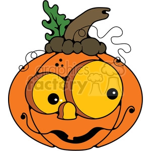 A whimsical clipart image of a pumpkin with a cartoonish, expressive face, featuring large, exaggerated eyes and a playful smile. The pumpkin is topped with a green leaf and a brown stem.
