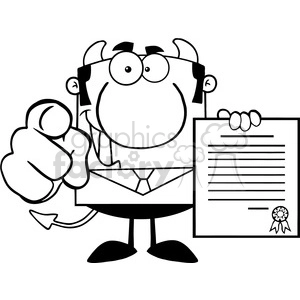 Clipart of Smiling Devil Boss Holds Up A Contract And Hand Pointing Finger