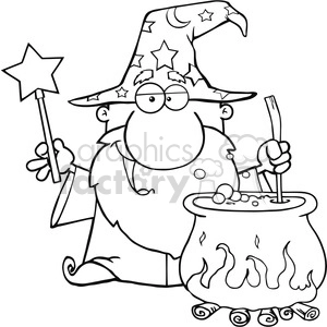 Clipart image of a cartoon wizard holding a wand and stirring a bubbling cauldron. The wizard is wearing a star and crescent decorated hat and cape.