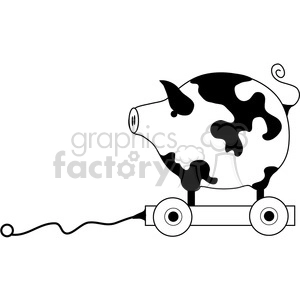 A black and white clipart image of a cow-patterned piggy bank on wheels, with a string attached for pulling.