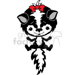 A cute and cartoonish black and white skunk with a big red bow on its head, featuring large eyes and a fluffy tail.