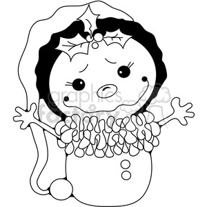 A cute snowman wearing a scarf and a Santa hat decorated with holly, depicted in a cartoon style.