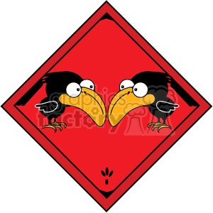 Clipart image of two cartoon black crows with yellow beaks facing each other on a red diamond-shaped background.