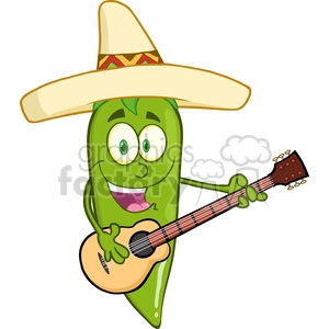 6799 Royalty Free Clip Art Green Chili Pepper Cartoon Character With Mexican Hat Playing A Guitar