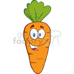 A cheerful cartoon carrot with a big smile and expressive eyes.