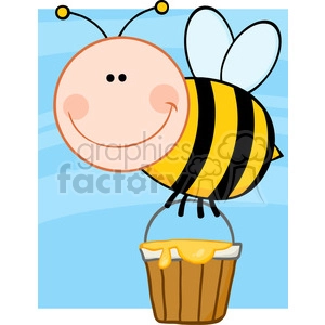 Clipart image of a smiling cartoon bee with a striped yellow and black body, holding a bucket of honey against a blue background.