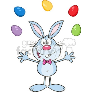Royalty Free RF Clipart Illustration Cute Blue Rabbit Cartoon Character Juggling With Easter Eggs