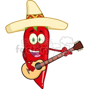 6779 Royalty Free Clip Art Red Chili Pepper Cartoon Character With Mexican Hat Playing A Guitar
