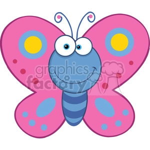 Colorful cartoon butterfly with pink wings and a smiling blue face.