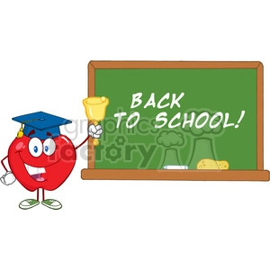 5792 Royalty Free Clip Art Smiling Apple Character Ringing A Bell For Back To School In Front Of Chalkboard With Text