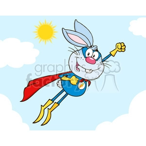 A cartoon superhero rabbit flying in the sky with a red cape and yellow boots, set against a blue sky with clouds and a sun.