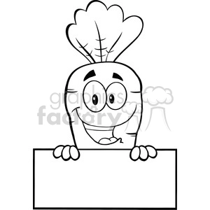 A happy cartoon carrot character peeking from behind a blank sign. The carrot has big eyes, a wide smile, and is holding the sign with its hands.