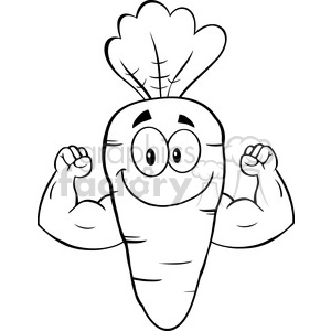 A clipart image of a smiling, muscular carrot with eyes, eyebrows, and leaves. The carrot is flexing its biceps, showcasing strength.