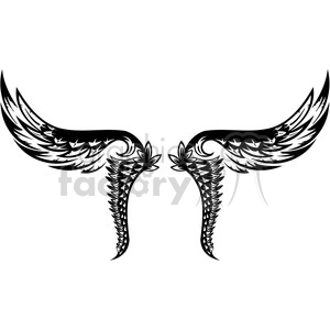 Black and white clipart image of symmetrical tribal wings with intricate feather details.
