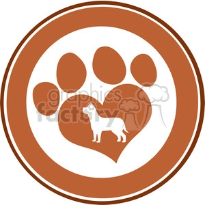 The clipart image displays a circular design with a large paw print in the background. Inside the paw print, there's a heart shape, and within the heart, a silhouette of a dog is present.