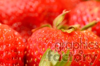 Close-up image of ripe strawberries with detailed texture showing seeds and green leaves.