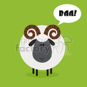 This clipart image features a stylized cartoon ram with a round fluffy white body, dark face, and legs. It has large, curled brown horns, and a speech bubble above its head with the text BAA! indicating the sound it is making. The background is a solid green color, highlighting the ram's figure.
