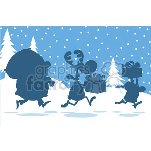 Santa Claus Reindeer And Elf Running In Christmas Night Silhouettes Design Card