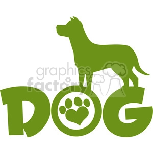 Green clipart image featuring a silhouette of a dog standing on the word 'DOG' with a pawprint and heart embedded in the letter 'O'.